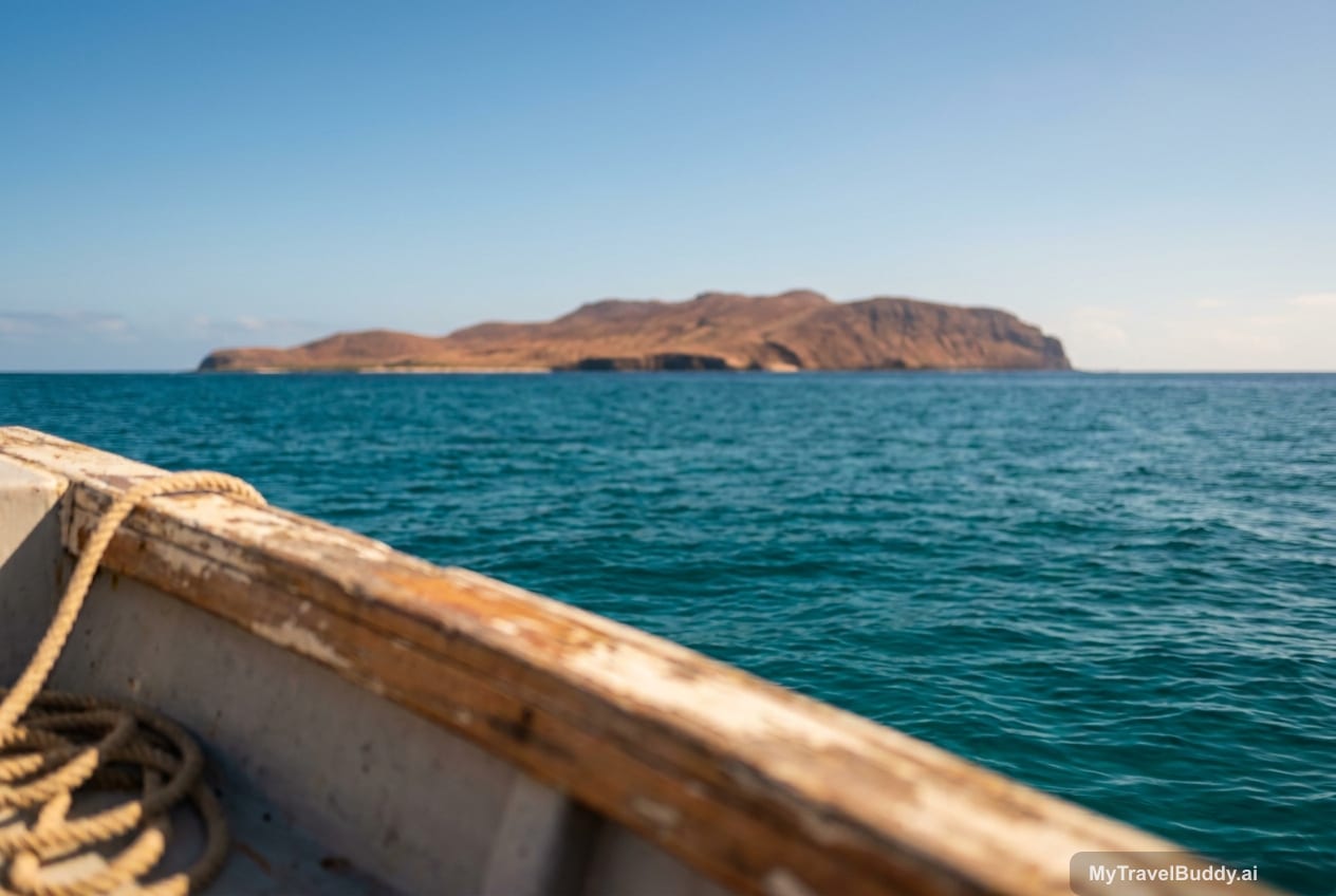 Niʻihau seen respectfully from a distance across turquoise water in warm light.