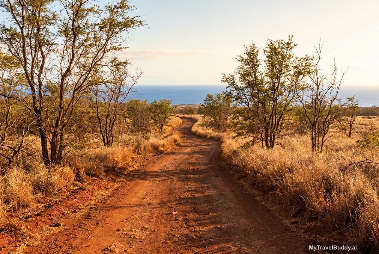 A red dirt road across Lānaʻi landscape toward a blue coastal horizon in late-afternoon light.