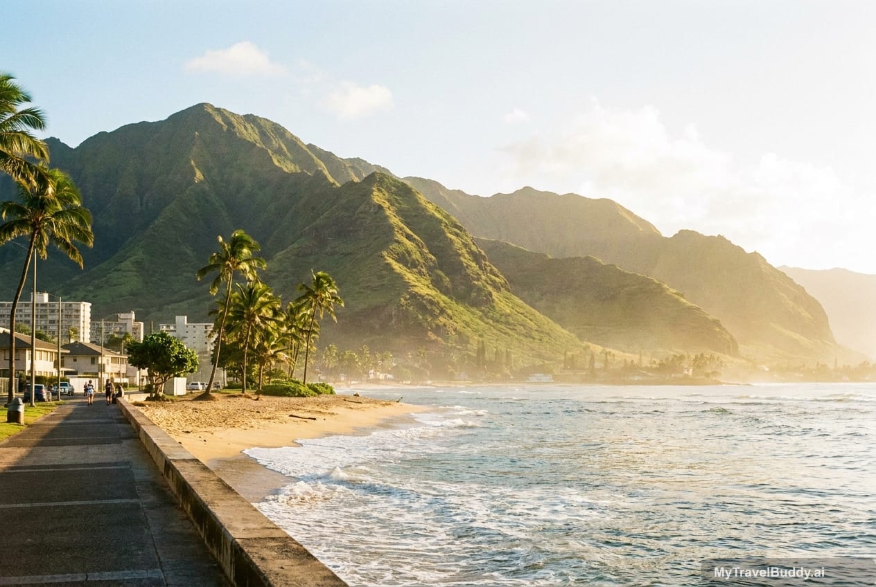 Oʻahu coastal morning with green mountains, palms, surf light, and city-to-beach energy.