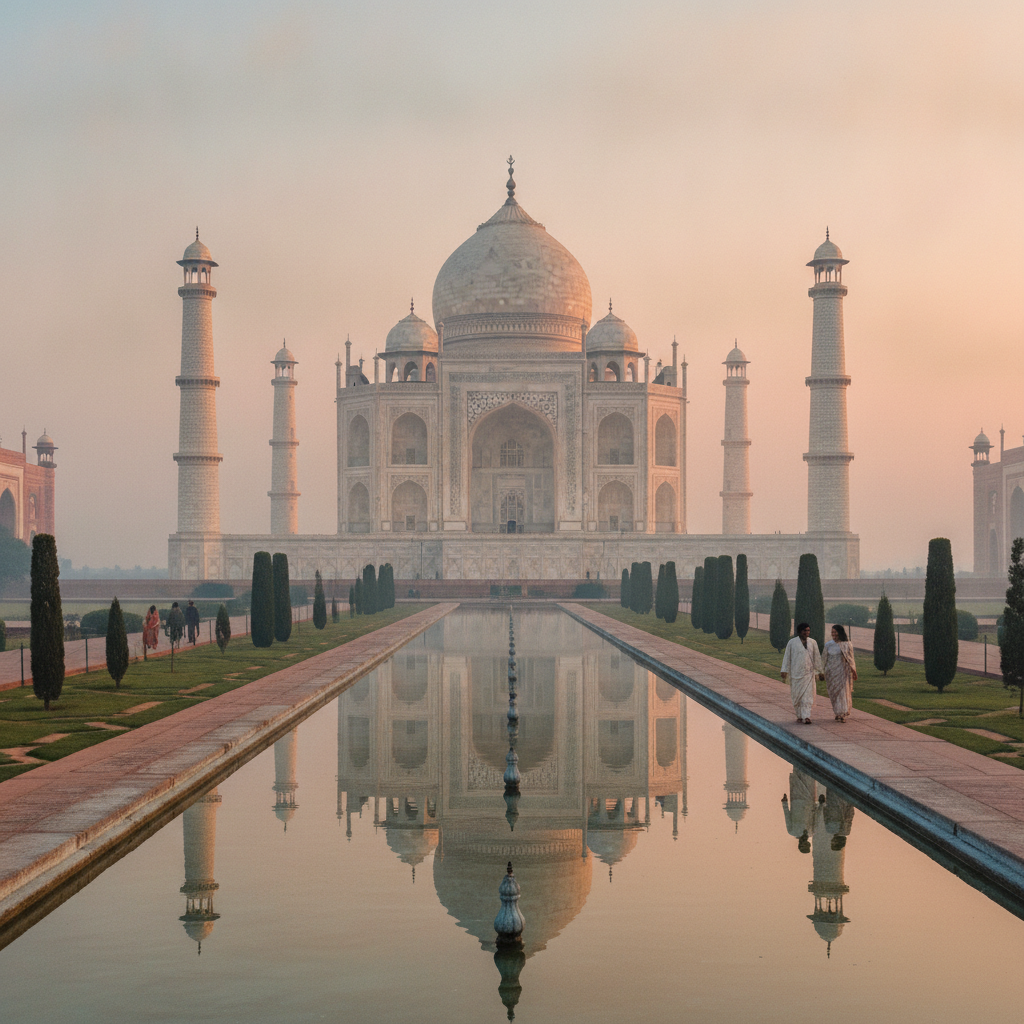 The Taj Mahal at dawn reflected in the long pool.