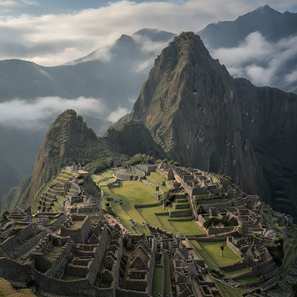 Machu Picchu terraces and green mountains emerging through soft cloud.