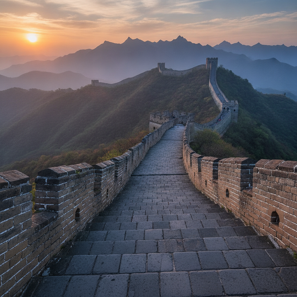 The Great Wall of China climbing over misty mountains at sunrise.