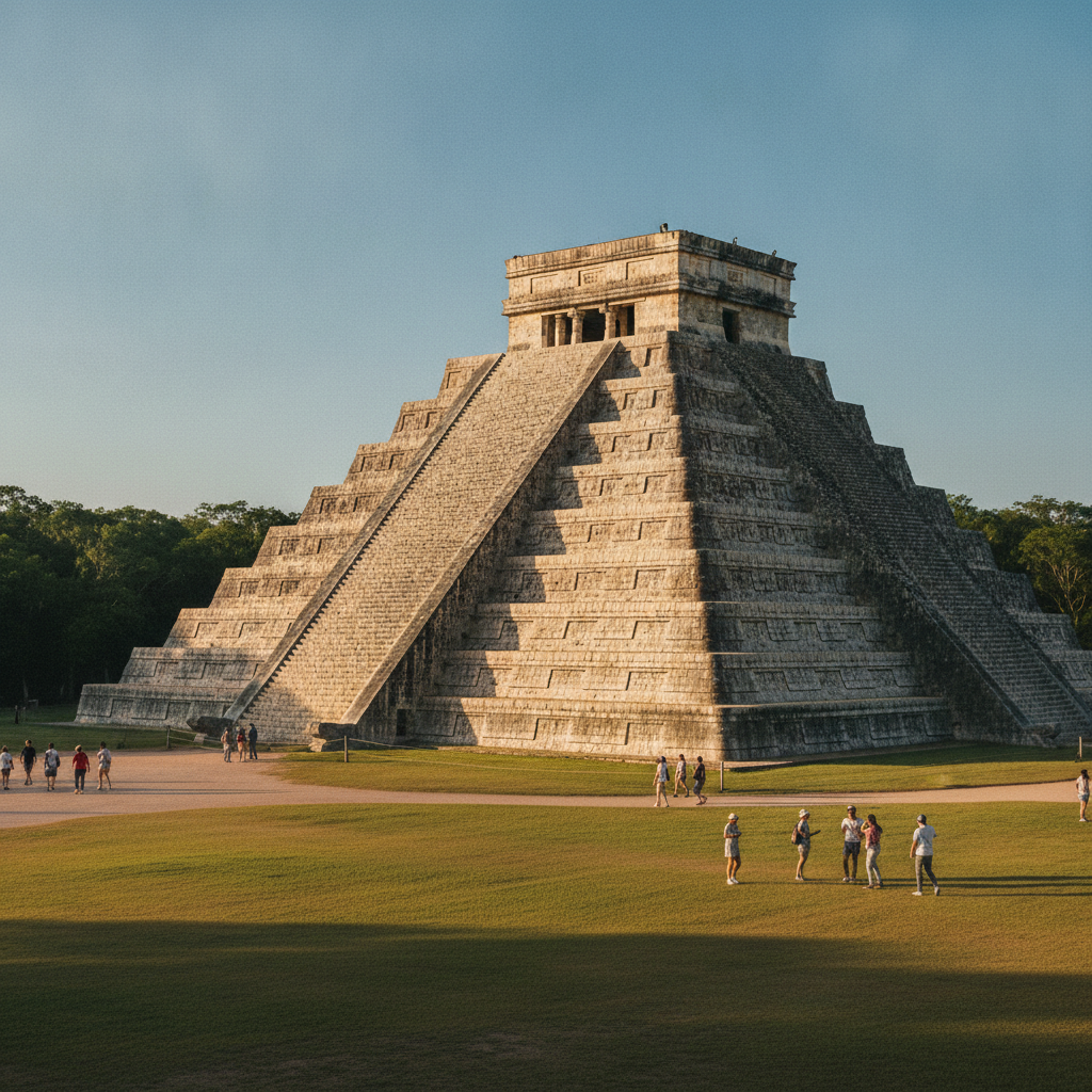 El Castillo pyramid at Chichen Itza under clear morning light.