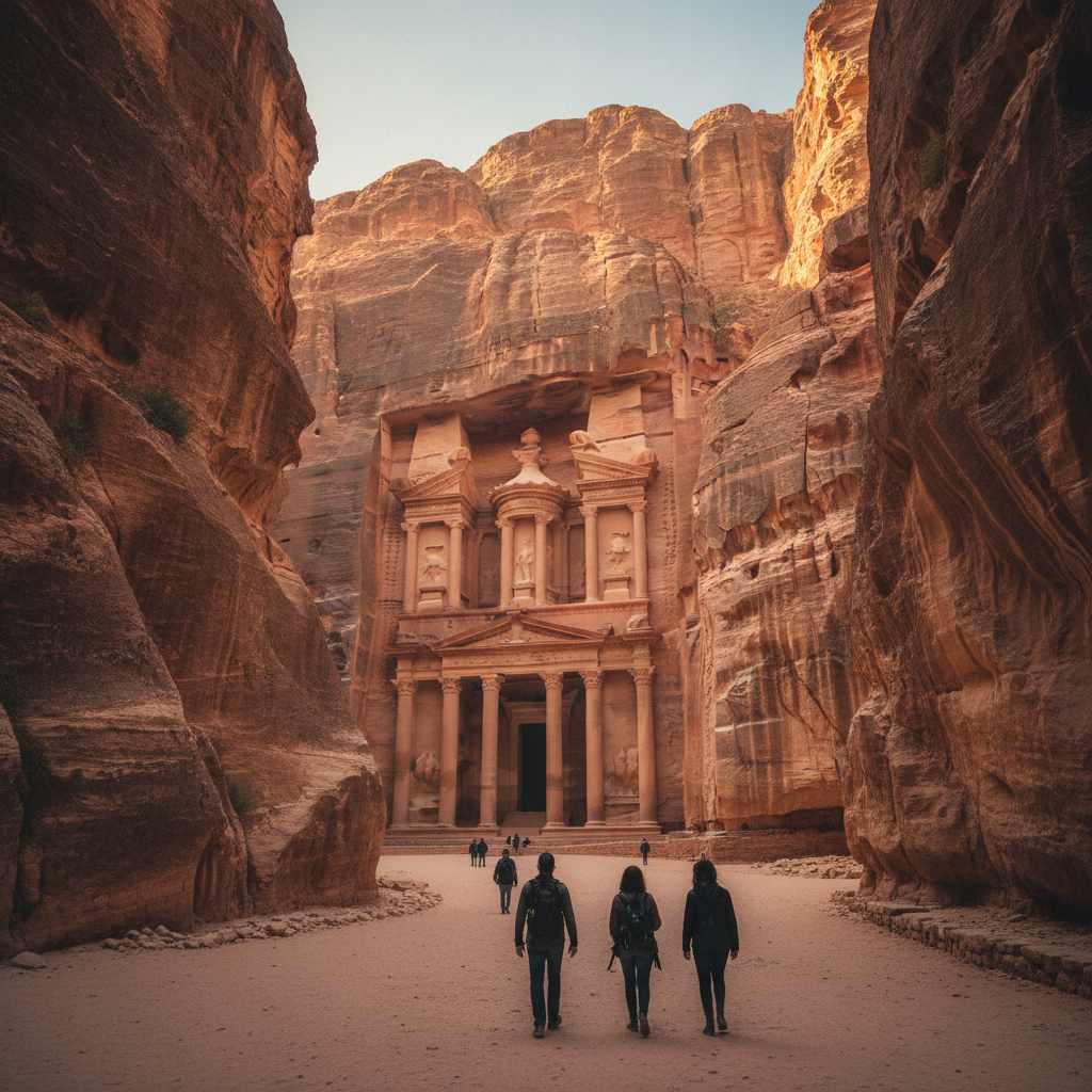 Petra Treasury seen through the rose-colored sandstone walls of the Siq.