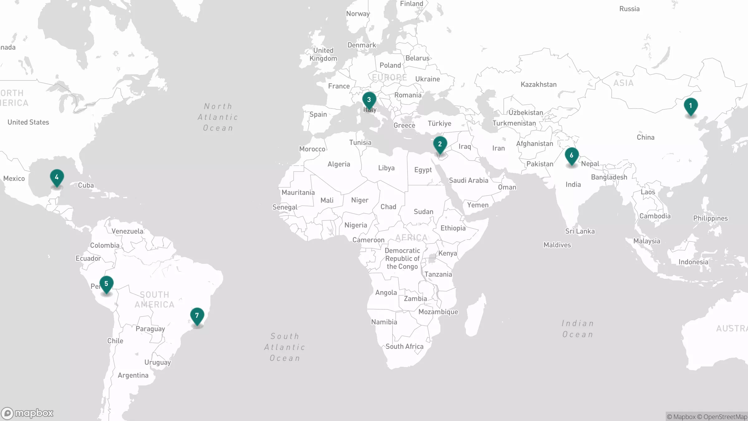 World map with numbered markers for the New Seven Wonders of the World.