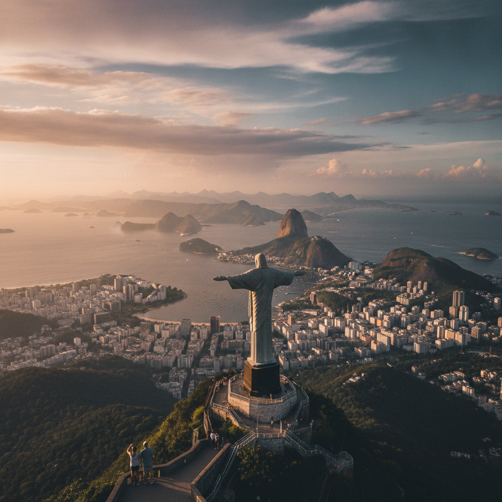 Christ the Redeemer above Rio de Janeiro as late light opens over the bay.