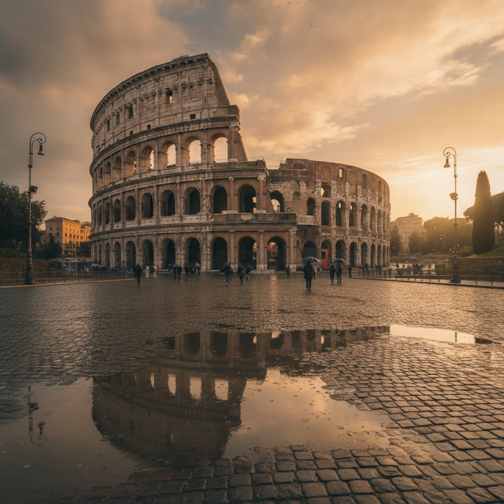 The Colosseum in Rome glowing after rain in warm evening light.