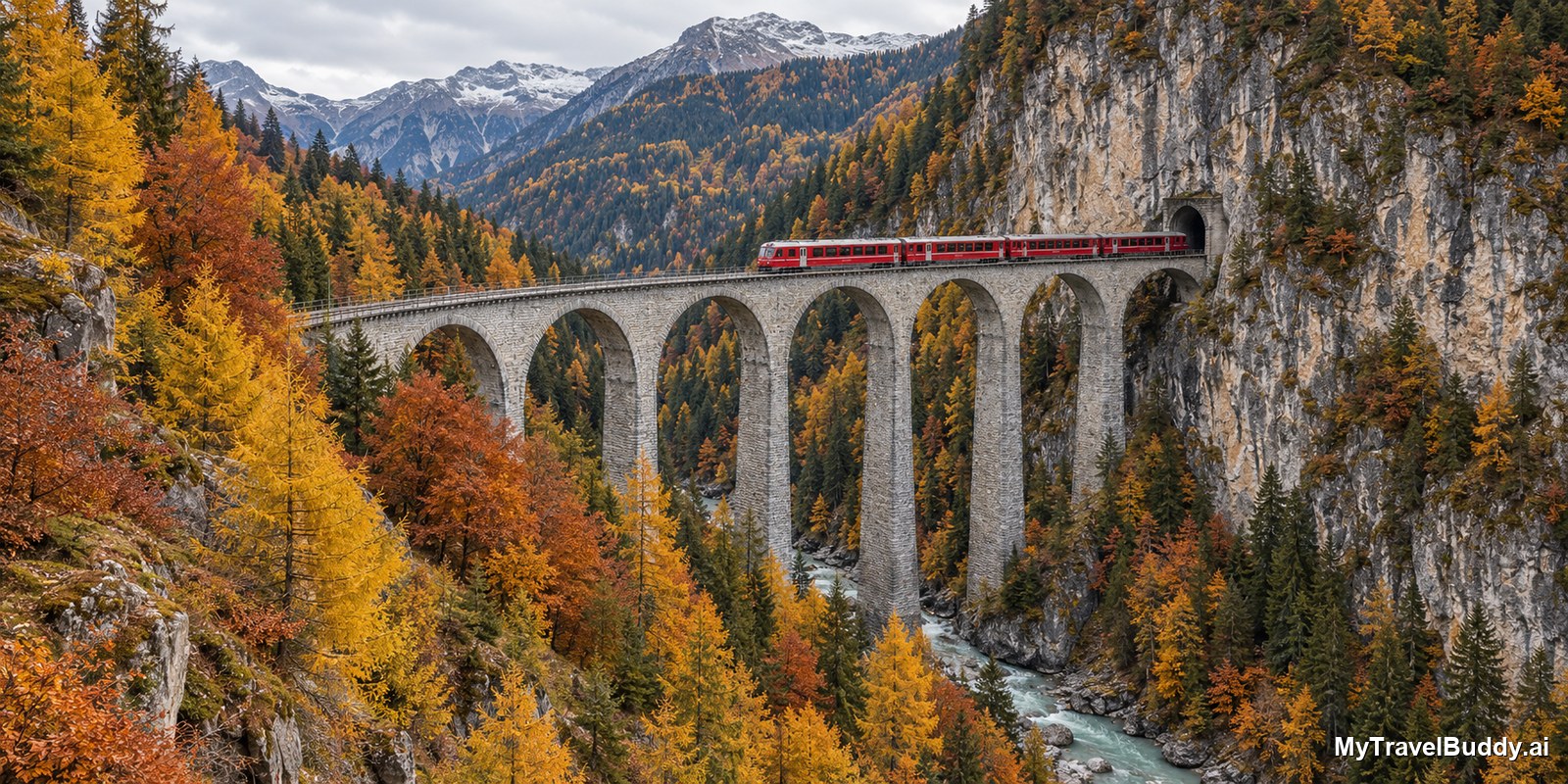 The Landwasser Viaduct near Filisur, Switzerland: a curved six-arch stone railway bridge over a wooded gorge with a red narrow-gauge train crossing into a tunnel bored in a vertical cliff, autumn larches in gold.