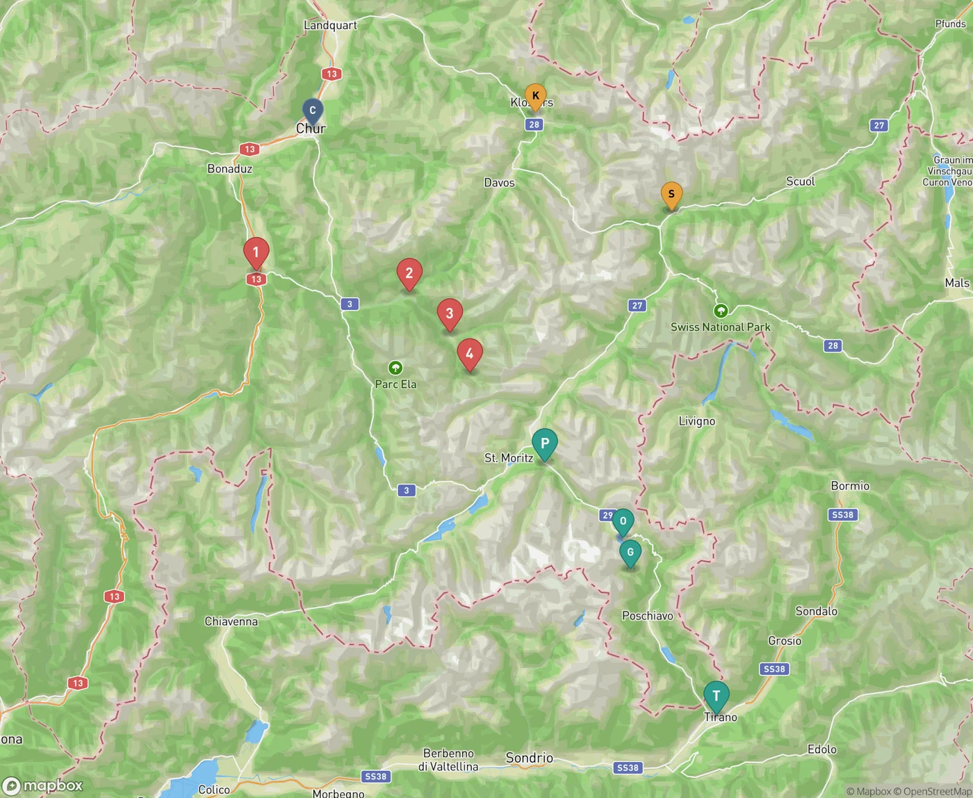 Locator map of the Rhaetian Railway network in Graubünden, Switzerland. Red pins 1 to 4 mark Thusis, Filisur, Bergün and Preda on the Albula line section that closes. Orange pins K and S mark Klosters and Sagliains on the Vereina diversion. Teal pins mark Pontresina, Ospizio Bernina, Alp Grüm and Tirano on the Bernina line, which keeps running.