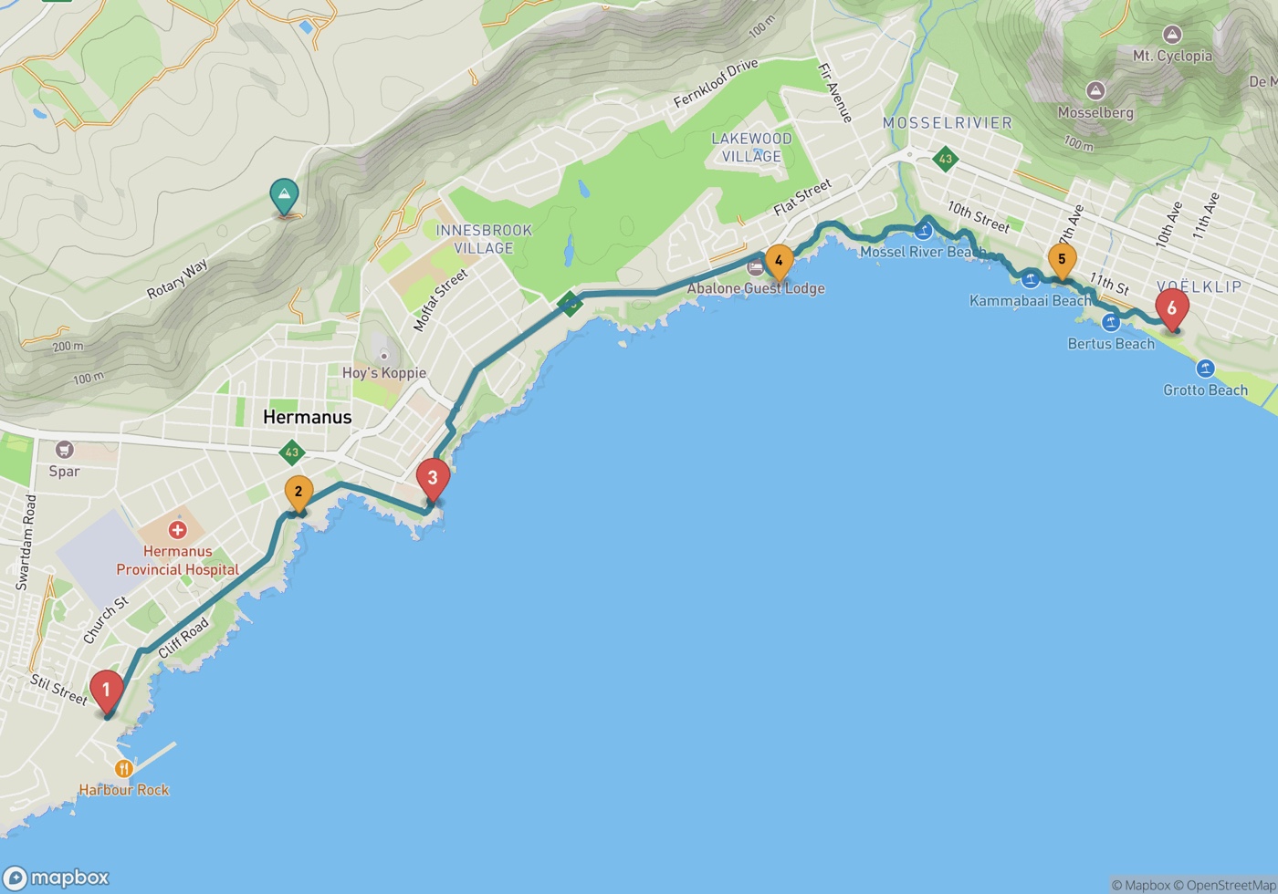 Map of the Hermanus Cliff Path from the New Harbour east to Grotto Beach, numbered 1 to 6, with the shoreline walking line drawn along the cliffs and a separate pin inland for the Rotary Way lookout.