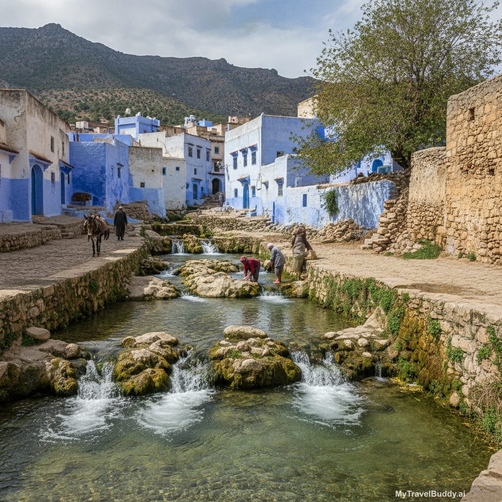 Ras El Ma spring in Chefchaouen with clear water, stone edges, blue-white walls, and the Rif Mountains nearby.