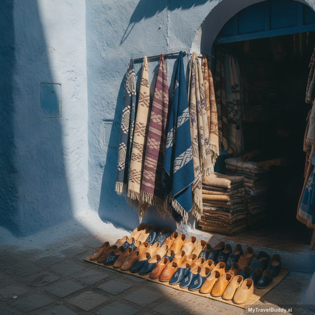 A Chefchaouen medina craft scene with woven textiles, leather slippers, blue walls, and warm morning light.