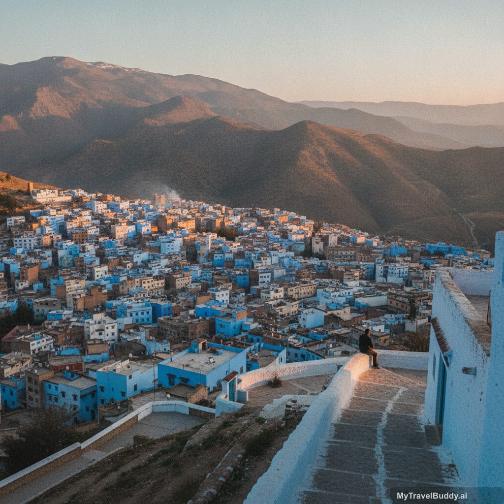 Chefchaouen seen from the Spanish Mosque viewpoint at sunset, with the blue medina below and the Rif Mountains around it.