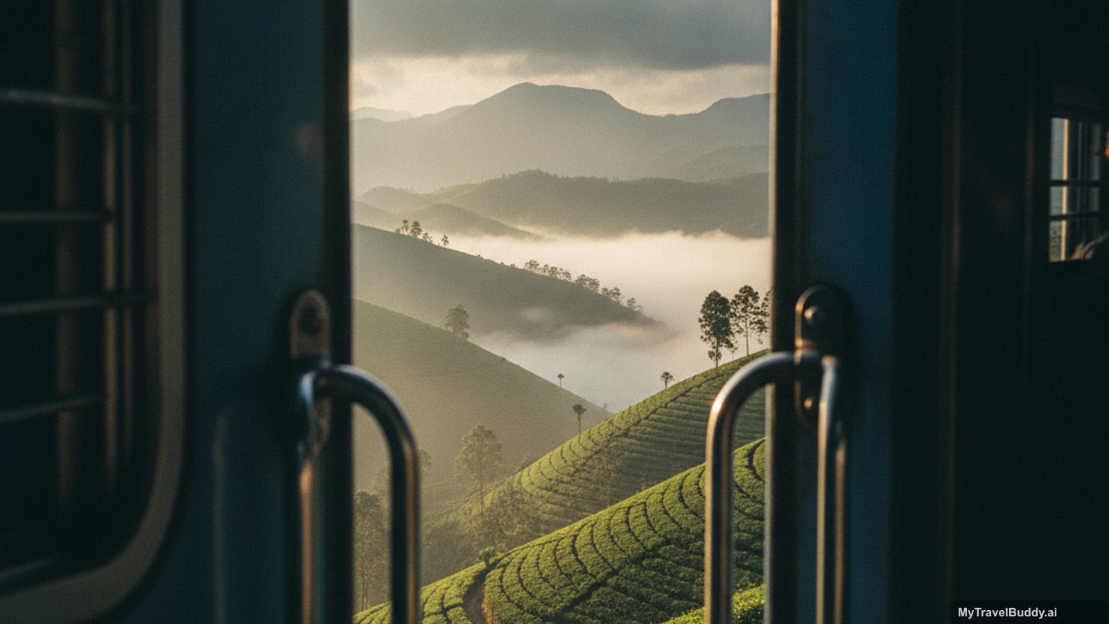 View from the open doorway of a blue train carriage in Sri Lanka's hill country at early morning. Steep green tea-plantation terraces fall away below the track, white mist lies along the valley floor, and layered blue ridges recede to the horizon under soft golden light with cloud beginning to gather above them. Two chrome handrails frame the view in the foreground.