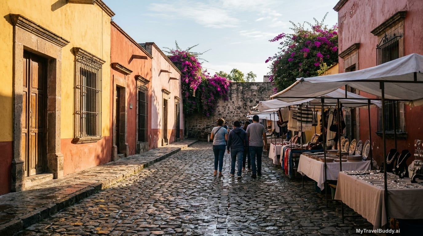 Early morning on a damp cobblestone lane in San Ángel, Mexico City, with ochre and rose colonial facades on one side, bougainvillea over a stone wall, and canvas-covered artisan stalls of textiles, ceramics and silver on the other.