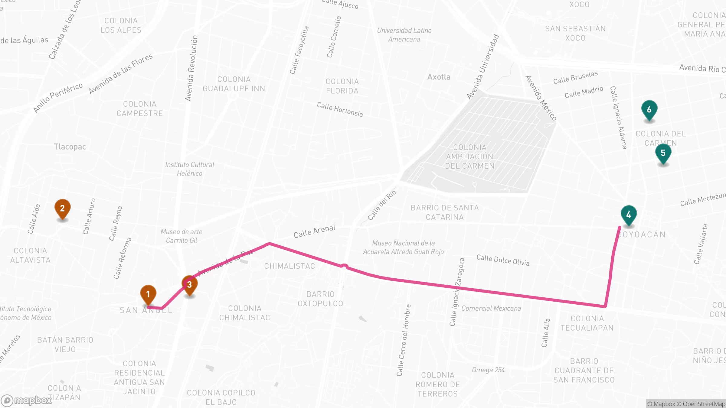 Map of southern Mexico City showing the San Ángel stops around Plaza San Jacinto and the Coyoacán stops around Jardín Centenario, connected by the two-mile route along Avenida de la Paz and Avenida Miguel Ángel de Quevedo.
