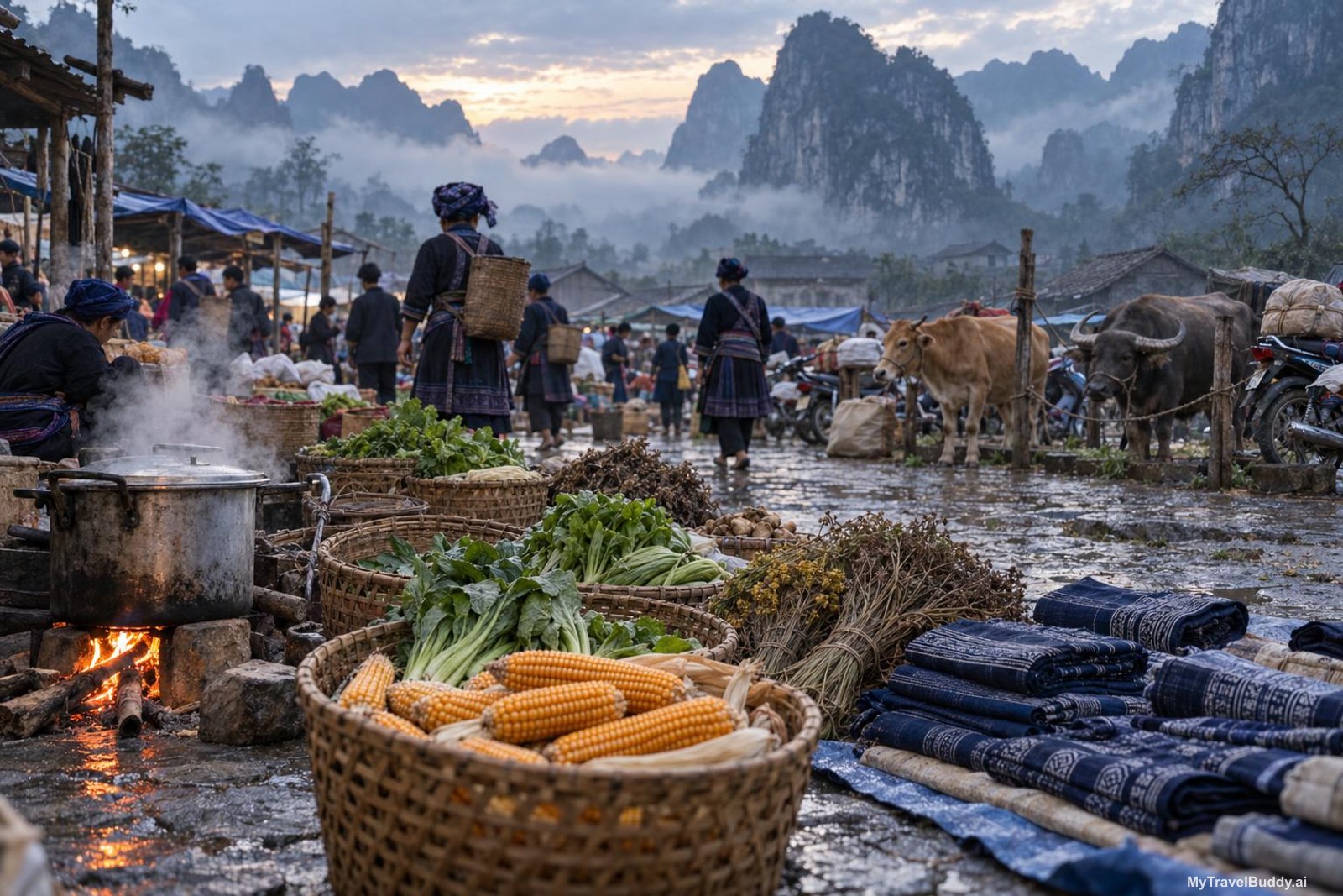 Dawn at an open-air highland market in the karst mountains of far northern Vietnam. Mist sits between steep grey limestone peaks behind the market ground. In the foreground, woven bamboo baskets hold maize, greens and dried herbs on wet stone, and a blackened pot steams over a wood fire. Folded indigo-dyed hemp cloth is laid out on a tarpaulin. A yellow mountain cow and a water buffalo stand tethered beside parked motorbikes, and people in dark indigo clothing move through the scene.