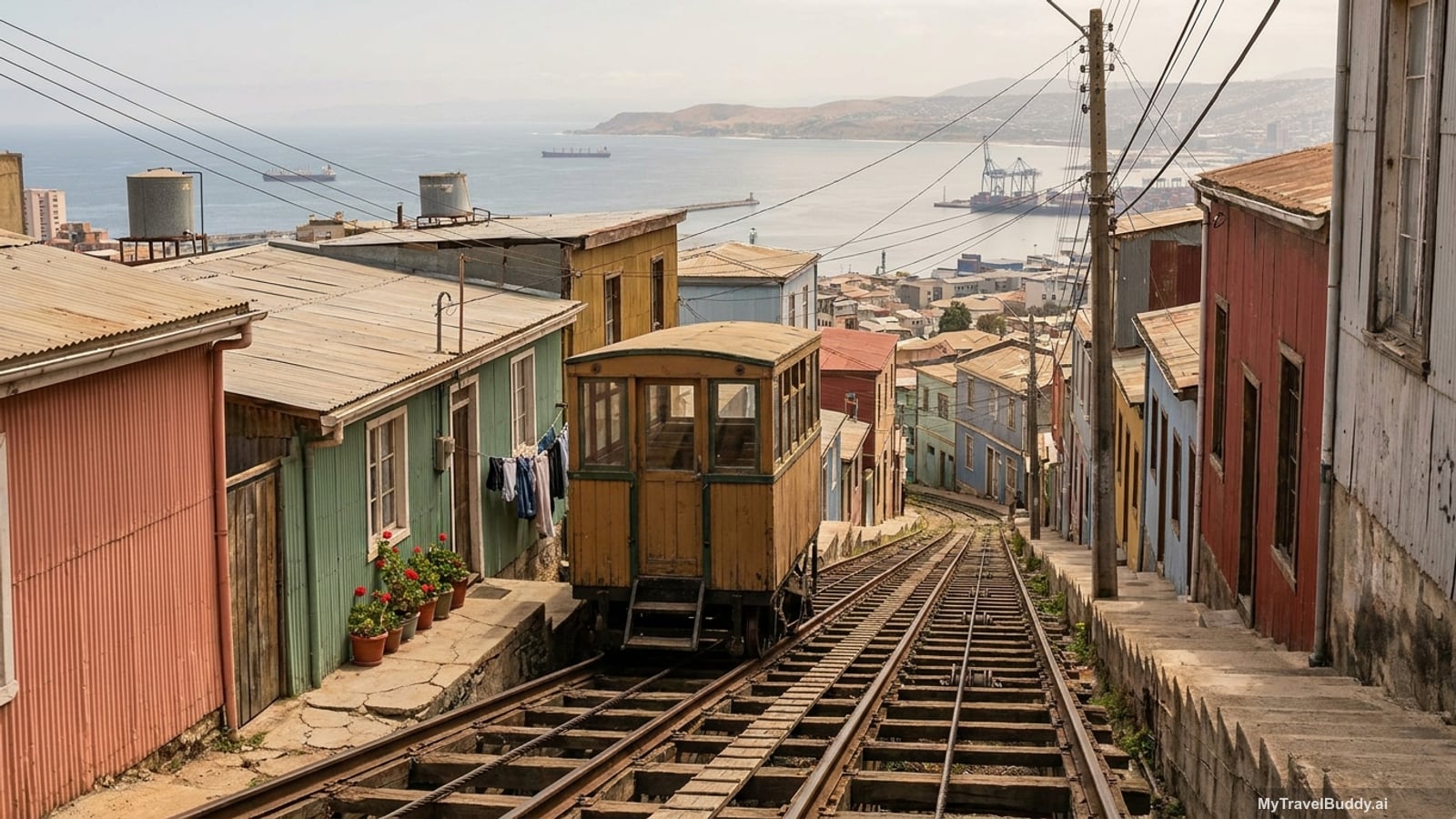 An old ochre-yellow wooden funicular carriage on a steep inclined track in Valparaíso, Chile, hemmed in by small houses clad in corrugated metal painted coral, green, blue, mustard and red. Laundry hangs on a line and overhead cables sag between leaning poles. Below, the Pacific bay opens out in haze with a container port and moored cargo ships.
