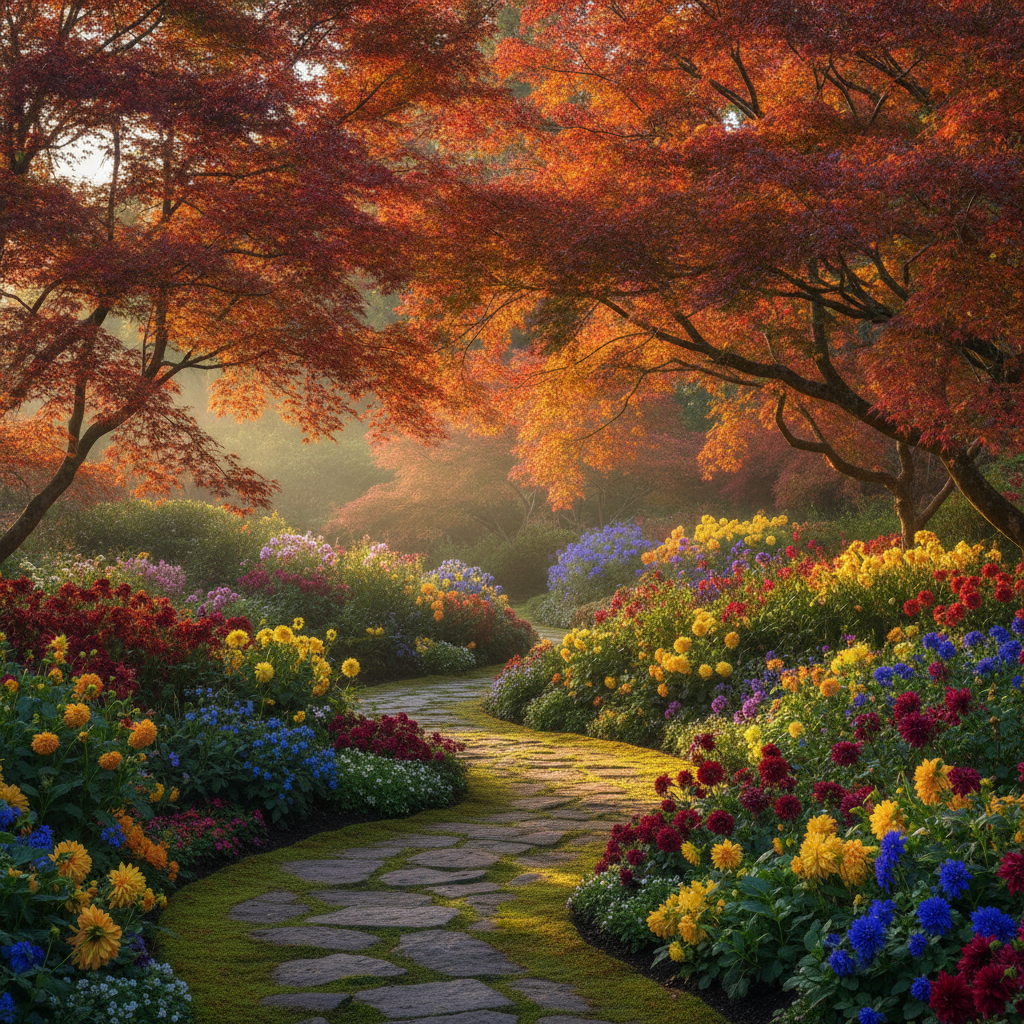 Autumn maples, dahlias, and chrysanthemums along a peaceful Butchart Gardens path.