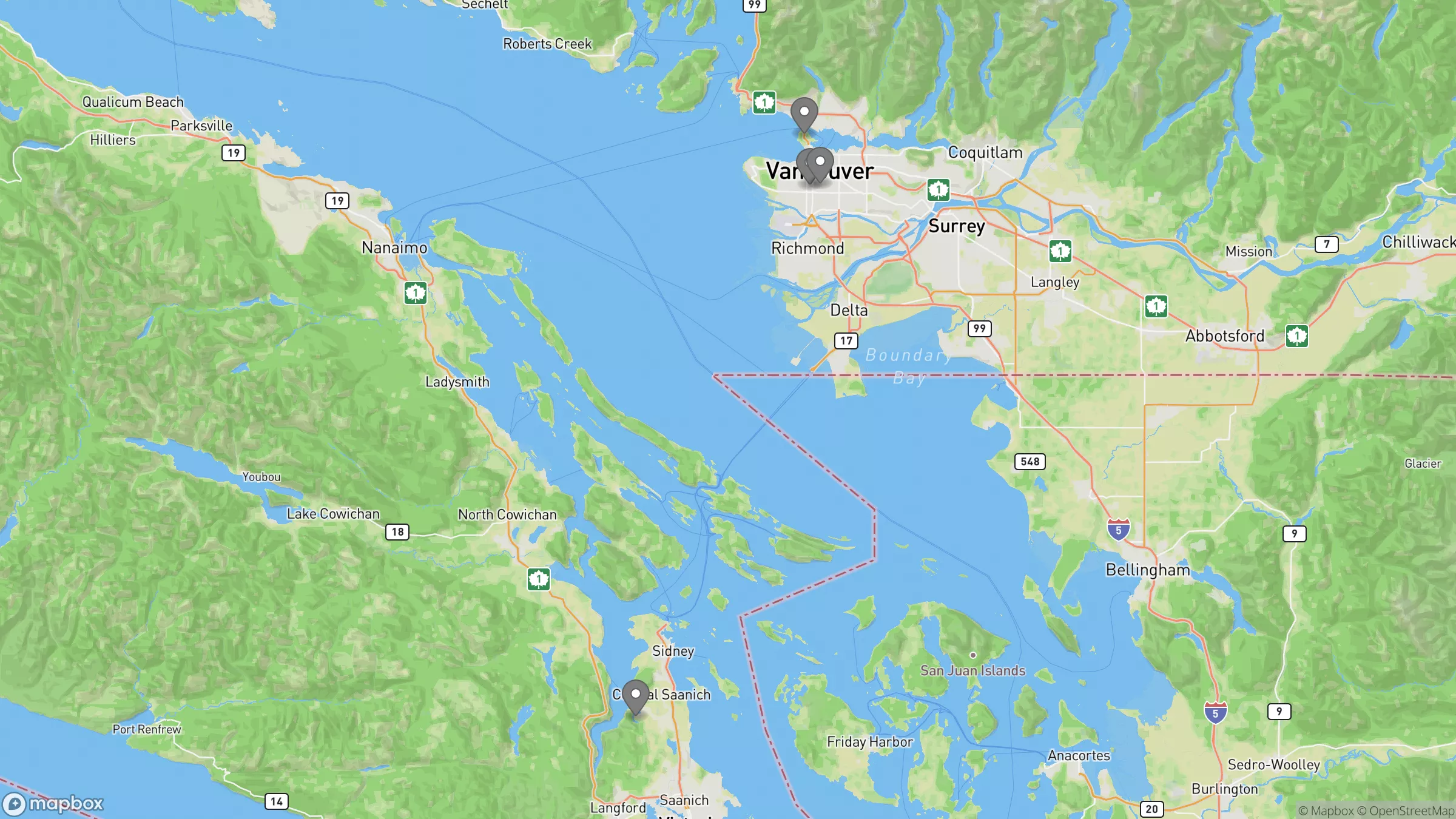 Map of Vancouver and Victoria fall stops including Stanley Park, VanDusen Botanical Garden, Queen Elizabeth Park, and The Butchart Gardens.