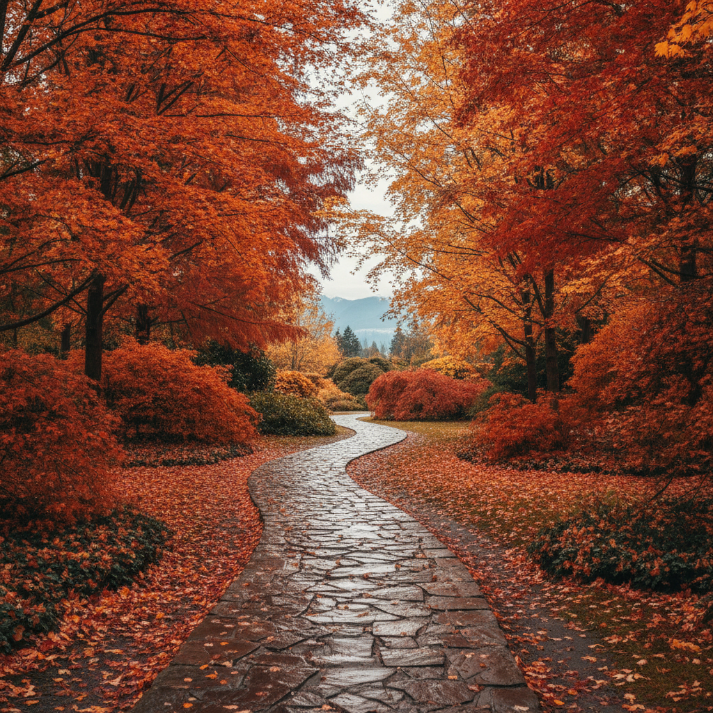 A Vancouver garden path glowing with red and gold fall foliage.