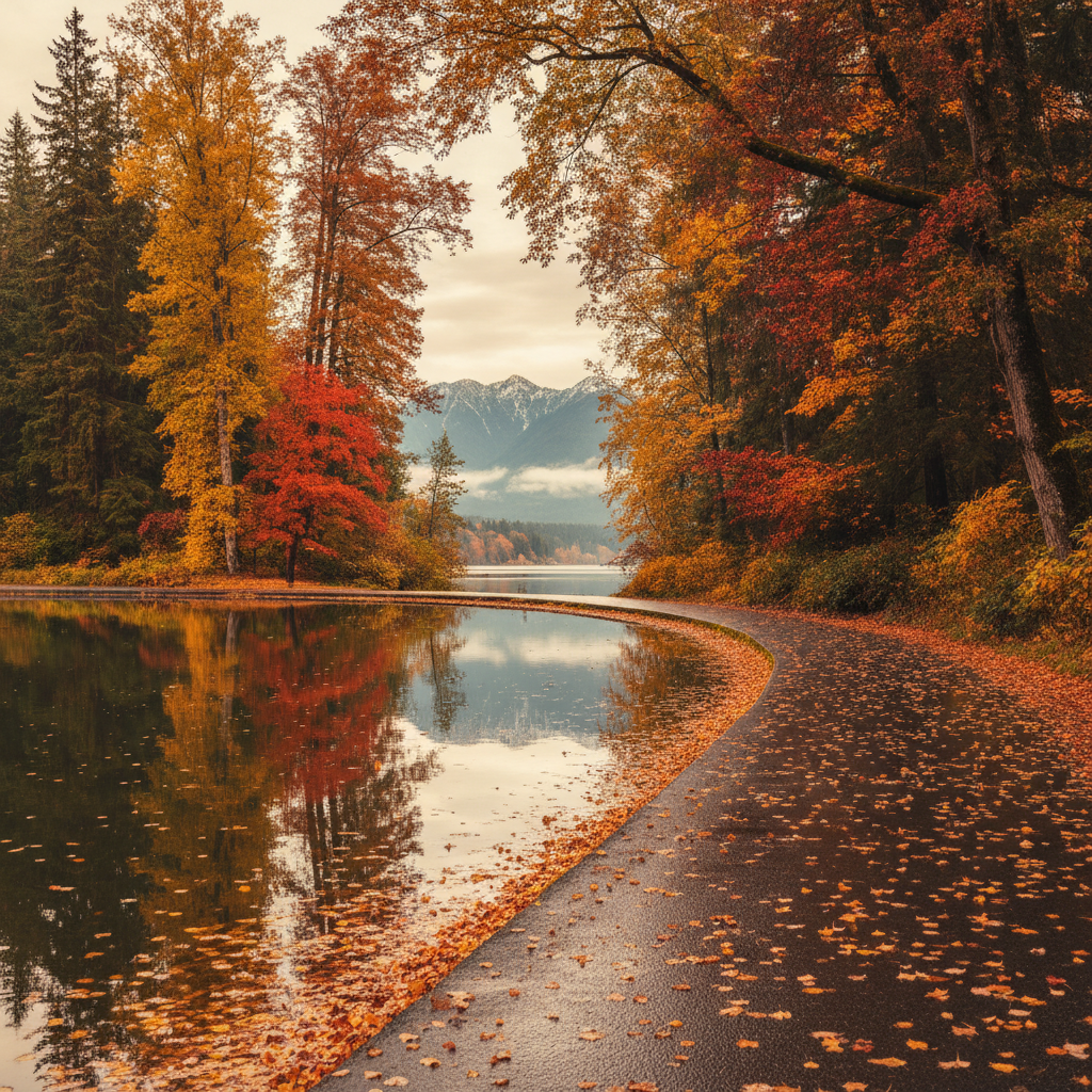 Stanley Park in autumn with a quiet path, reflective water, and red and gold trees.