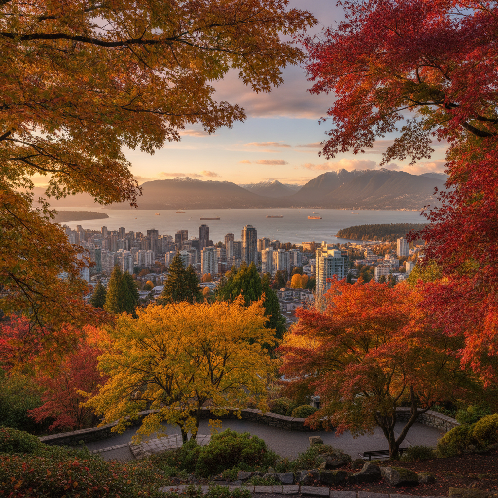 A high Vancouver viewpoint with autumn trees, ocean, city towers, and mountains at sunset.