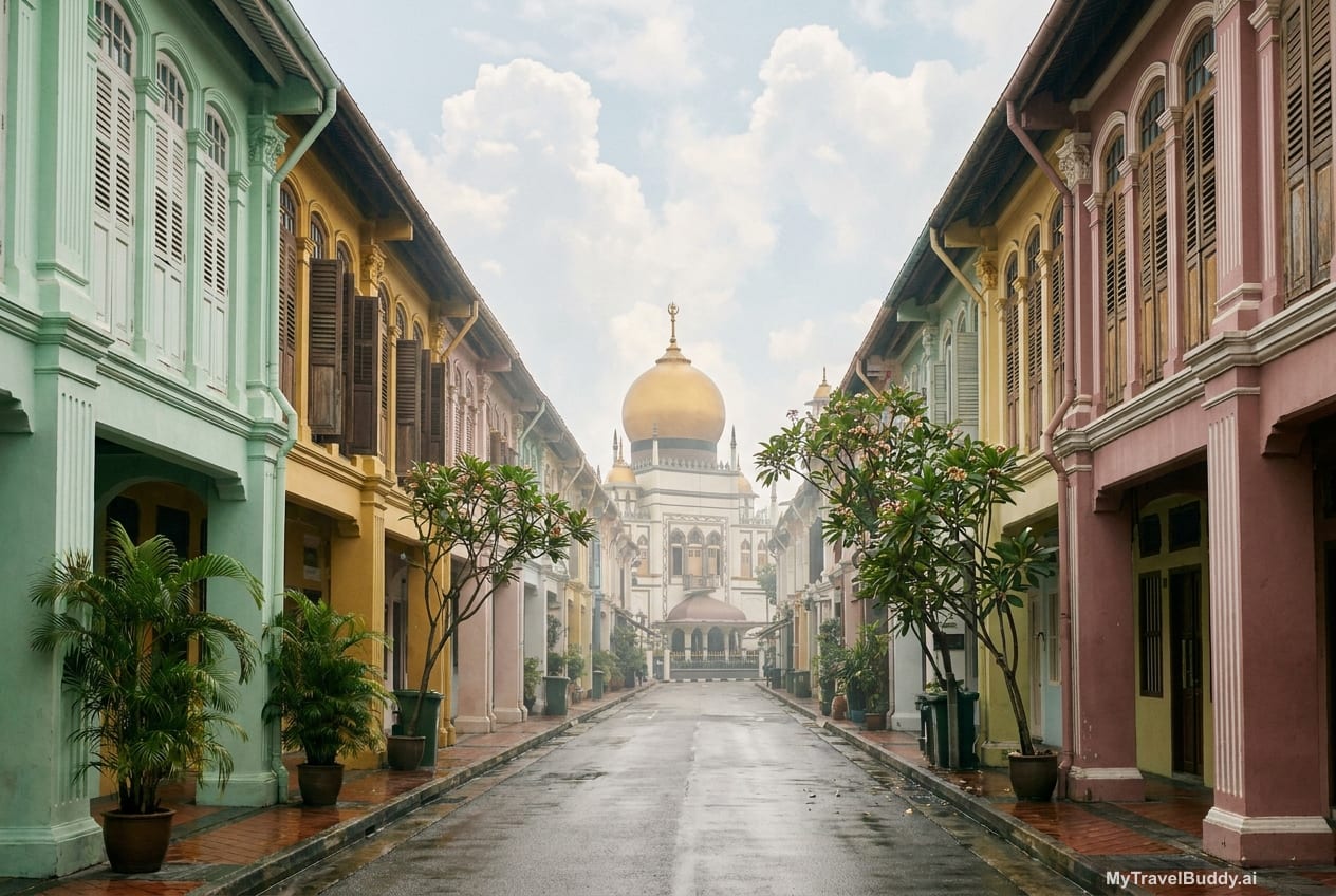 A narrow street of restored mint green, mustard and rose shophouses in Kampong Glam, Singapore, with the gold dome of the Sultan Mosque rising at the end of the street above wet pavement and frangipani trees.