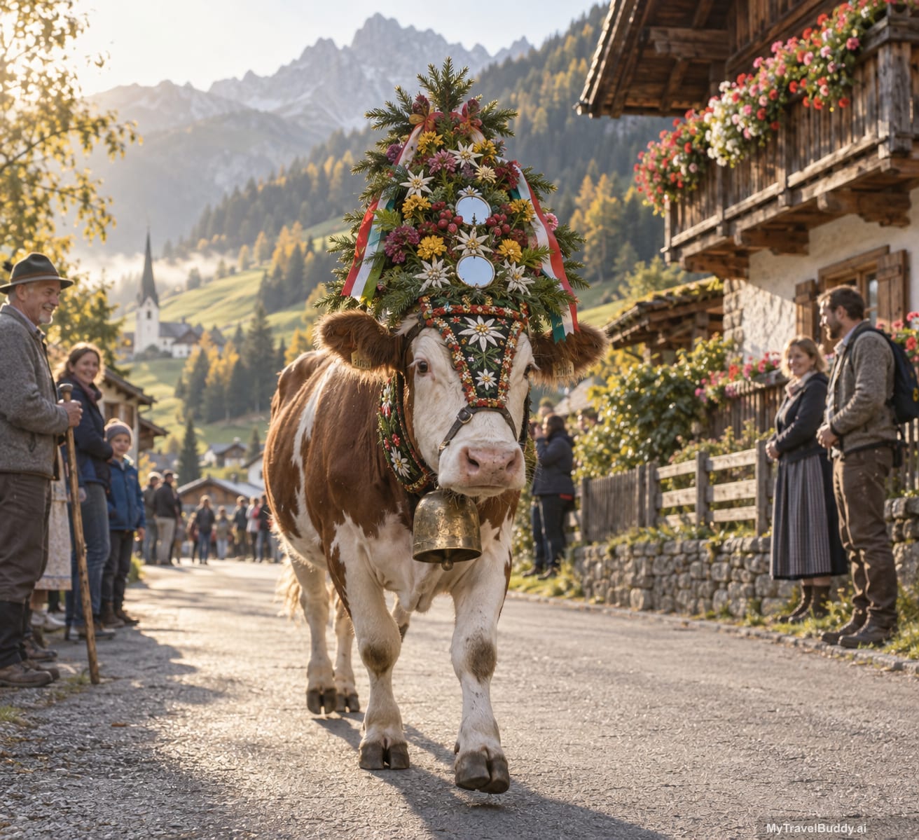 A decorated alpine cow wearing a tall headdress of flowers, fir branches, mirrors and ribbons walks down a Tyrolean village lane past onlookers in warm autumn morning light.
