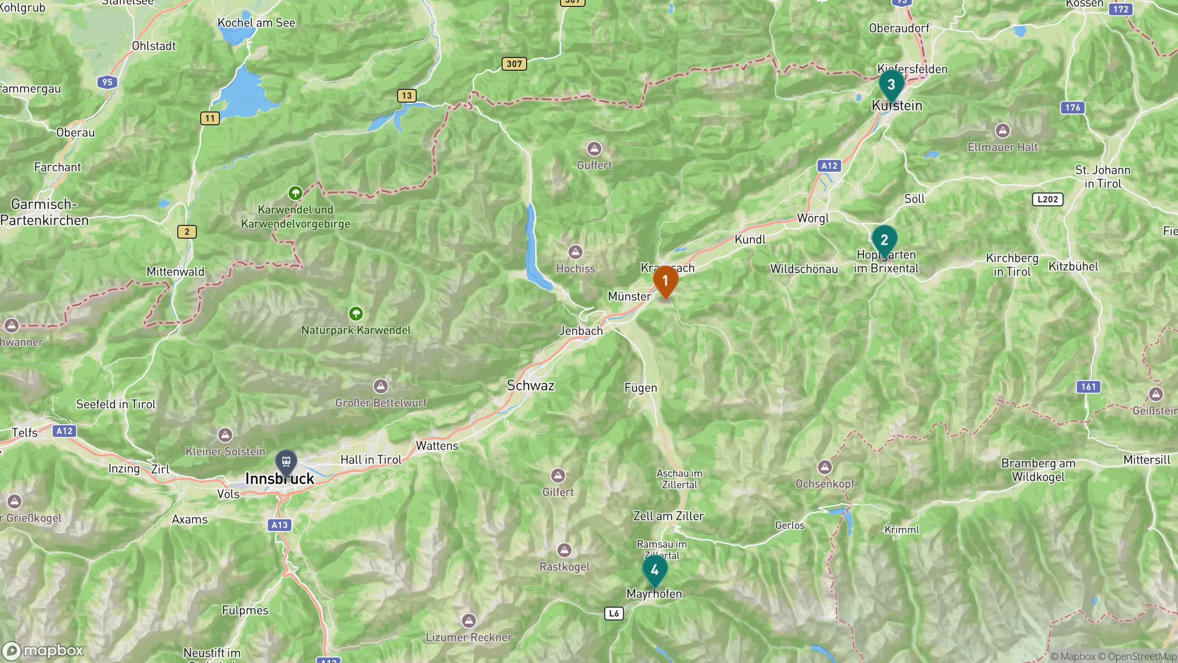 Locator map of Tyrol's Inn Valley showing Reith im Alpbachtal, Hopfgarten im Brixental, Kufstein, and Mayrhofen relative to Innsbruck.