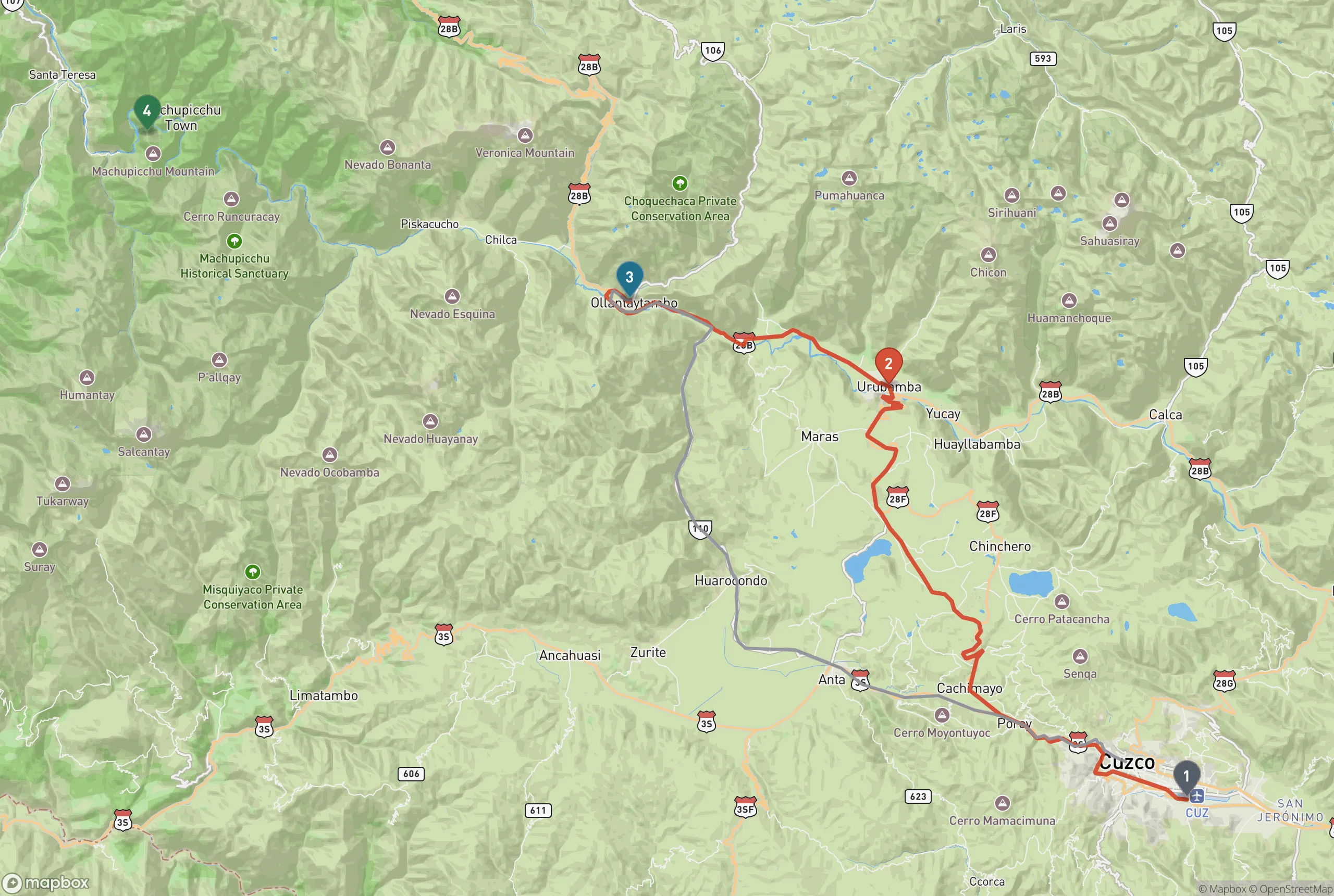 Terrain map of the Cusco region with four numbered pins: 1 Cusco airport in the southeast, 2 Urubamba in the middle of the Sacred Valley, 3 Ollantaytambo at the western end of the valley, and 4 Machu Picchu in the northwest, with a red line tracing the drive from the airport over the Chinchero plateau down to Urubamba and on to Ollantaytambo, and a grey line showing the direct road back up to Cusco.